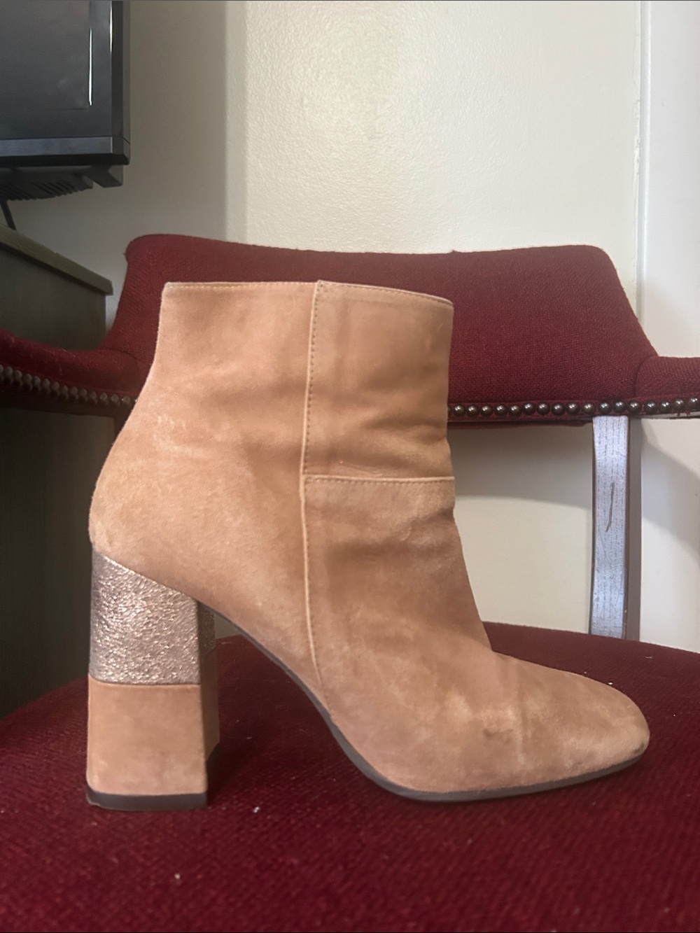LODI Tan Suede Foil Block Heel Ankle Boots